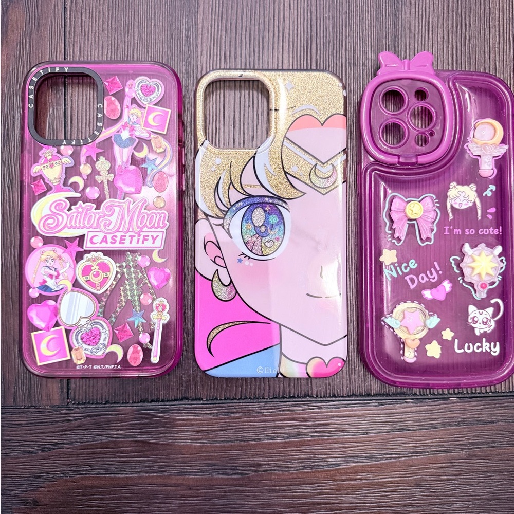 Casetify Sailor Moon, Pink generic case, and gold generic case iphone12promax